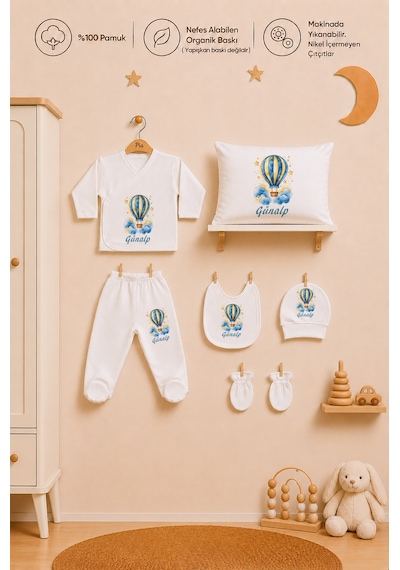 Pia Baby Kişiye Özel Erkek Bebek Hastane Çıkışı %100 Pamuk Organik Baskılı Zıbın Seti 1061zybyx Ekru