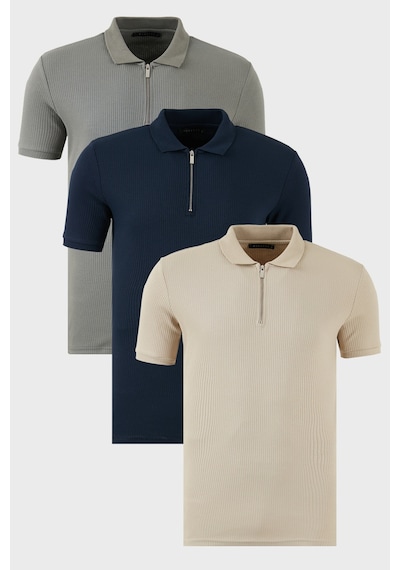 Buratti Pamuklu Regular Fit Yarım Fermuarlı 3'Lü Paket Erkek Polo Yaka T Shirt 5902738S3 Vizon-Açık Haki-Indigo