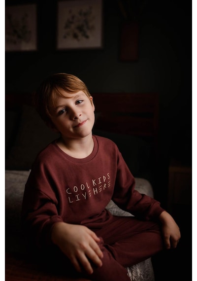 Antebies Pamuk Kumaştan Üretilmiş, Cool Kids Nakışlı, Uzun Kollu Erkek Çocuk Sweatshirtü, Bel Lastikli Bağcıklı Eşofman Takımı Bordo