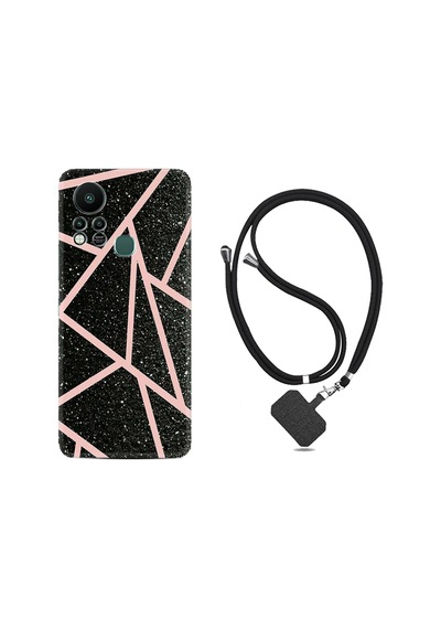 Infinix Hot 11S Kılıf İpli Boyun Askılı Desenli Silikon Pembe Şeritli Mermer 1312