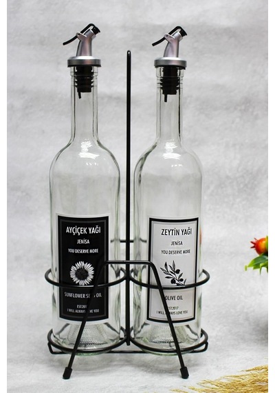 2'li 750 Ml Zeytinyağı Sıvıyağ Şişesi Cam Yağdanlık Siyah Stantlı Akıtıcılı Yağlık 750ml Diğer