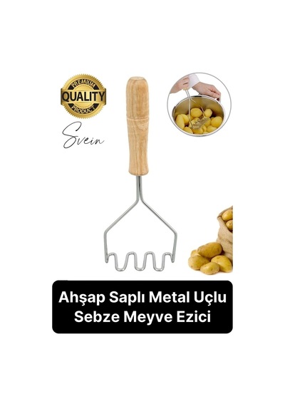 Premium Ahşap Saplı Patates Püre Sebze Yiyecek Yumurta Muz Meyve Ezici Paslanmaz Çelik Z Model Çok Renkli