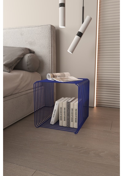 Miami Minimalist Metal Tel Kare Yan Sehpa Modern Küp Yan Sehpa & Modüler Kitaplık Dergilik Kobalt Mavi