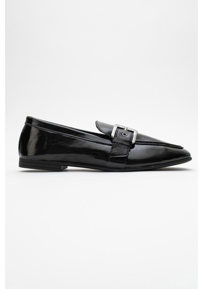 Luvishoes Luvi Shoes Clarıon Siyah Rugan Hakiki Deri Kemerli Küt Burun Kadın Loafer Ayakkabı SİYAH RUGAN