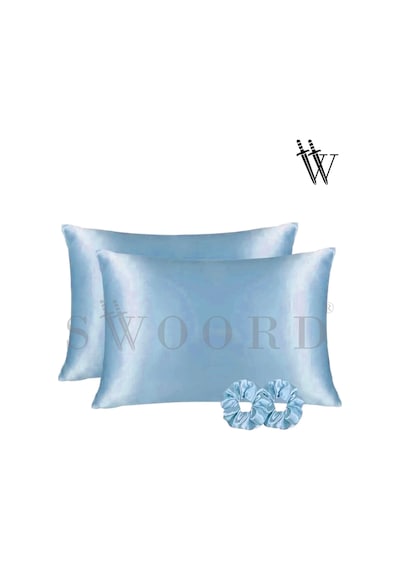 Swoord İpek Dokulu Saten Yastık Kılıfı Mavi 2 Adet 50x70cm 2 Adet Saten Tokalı Açık Mavi