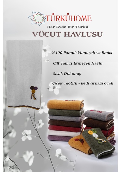 Çiçek Motifli, Kedi Tırnağı Oyalı, Yumuşak Dokulu Pamuklu Vücut Havlusu 70x130 Cm Beyaz