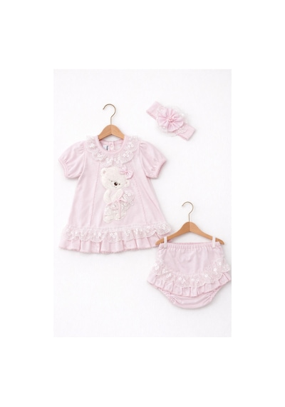 Kardeşler Bebe Dantelli Ayıcıklı Kız Bebek Elbise Takım Saç Bantlı 3 Lü Set Pembe