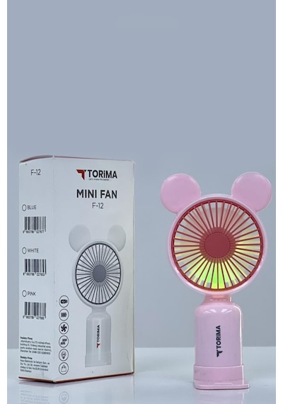 Torima F-12 Pembe Mini Taşınabilir Fan Şarjlı 2 Kademeli Ledli Ayıcık Kulak Vantilatör Klima Soğutucu Fan
