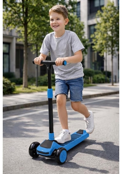 3 Tekerlekli Çocuk Scooter 4 Kademeli Ayarlanabilir Işıklı Ve Müzikli Katlanabilir Çocuk Scooter Mavi