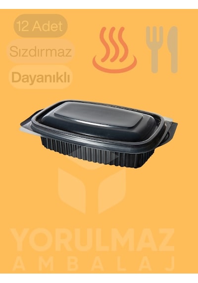 500 Cc Pp Kapaklı Sıcak Yemek Kabı 12 Li Mikrodalgaya Uygun Sızdırmaz Paket Servis Kabı Siyah