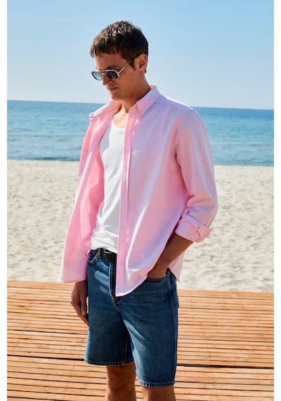 Grimelange Perttu Erkek %100 Pamuk Slim Fit Dar Kesim Düğmeli Yaka Keten Görünümlü Flamlı Pembe Göml Pembe