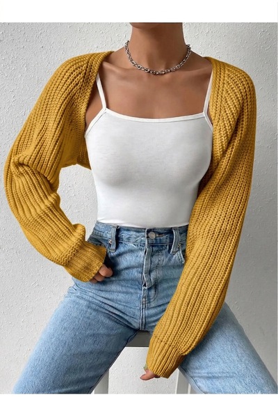 Moibody Triko Örgü Reglan Kol Bolero Hırka Kore Tarzı 4 Mevsim Sarı Sarı