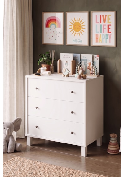 Robin Home Lena Bebek Çocuk Odası Şifonyer 3 Çekmece Ahşap Ayaklı Beyaz
