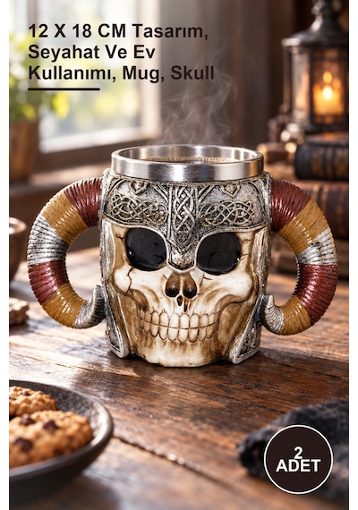 2 Adet Paslanmaz Çelik Kurukafa Kupa Bardak 12 X 18 Cm Tasarım, Seyahat Ve Ev Kullanımı, Mug, Skull
