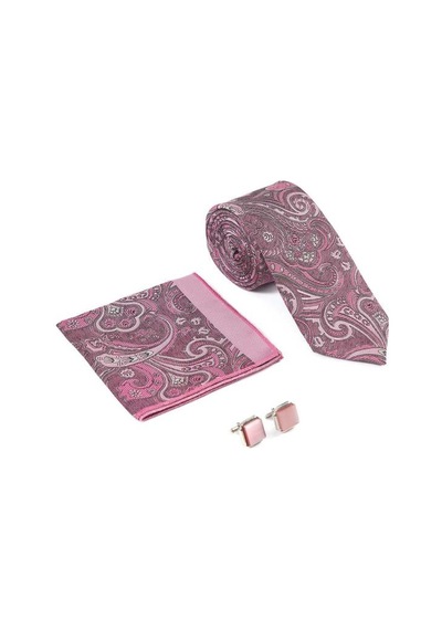 Brianze Pembe Şal Desen Kravat Mendil Kol Düğmesi Hediyelik Set Pembe
