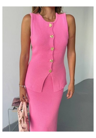 Kechi Woman Gold Aksesuarlı Etekli Triko Takım Pembe
