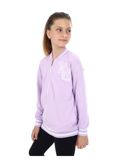 Toontoy Kız Çocuk Kolej Yaka Fermuarlı Düşük Omuz Baskılı Örme Hırka - 2 İplik Lila