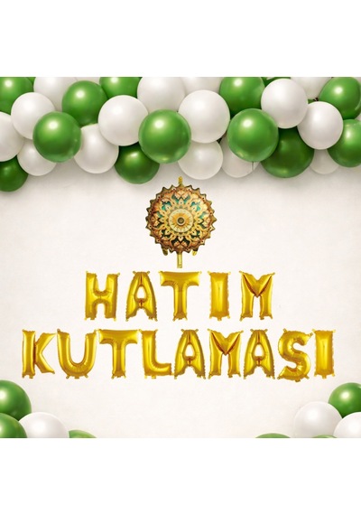 Hatim Töreni Temalı Gold Folyo Harf Yeşil Beyaz Balonlu Hatim Kutlaması Süsü Beyaz - Yeşil