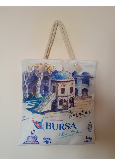 El Yapımı Şehir İsimli Bez Çanta Krem.karışık Renkli Desenli