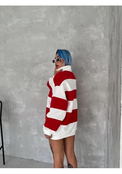 Mbb E-ticaret Kadın 3 İplik Pamuklu Parçalı Yakalı Sweatshirt - Kırmızı