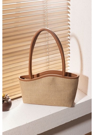 Lovelystore Kadın Hasır El Omuz Çantası Yazlık Çanta Plaj Çantası Fermuarlı Astarlı 24x38 Krem