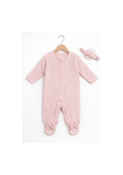Kardeşler Bebe Fiyonk Ve Dantel Detaylı Çıkarılabilir Yaka Kız Bebek Patikli Tulum + Saç Bandı Pembe