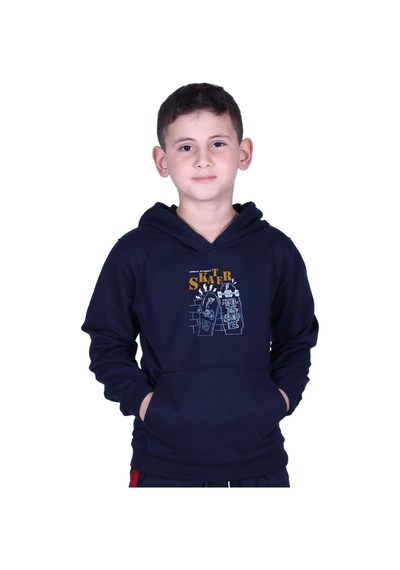 Fyk Kids Kapüşonlu Kanguru Cepli Skater Baskılı Erkek Çocuk Sweatshirt Lacivert