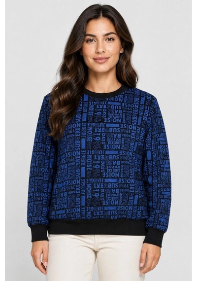 Kadın Siyah Mi Yazı Desenli İki İplik Şardonlu Sweatshirt Lacivert