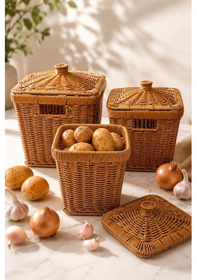3'lü Kare Patates Soğan Sarımsak Sepeti Seti - Rattan Düzenleyici Kapaklı Sebzelik Soğanlık Hasır