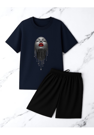 Uyguntarz Unisex Pırlantalı Kadın Portresi Tasarım Basklı Tshirt Şort Takımı Lacivert