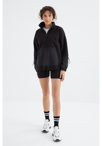 Tommy Life Siyah Etek Ucu Büzgülü Yarım Fermuarlı Oversize Kadın Polar Sweatshirt - 97238 Siyah