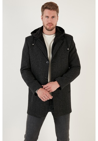 Buratti Çıkarılabilir Kapüşonlu Kırçıllı Slim Fit Kaşe Erkek Kaban 5841013 Antrasit Noktalı