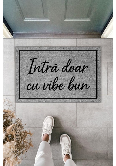 Rugmood Modern Dijital Baskı Çerçeveli Intră Doar Cu Vibe Bun Yazılı - Kapı Önü Paspası Gri