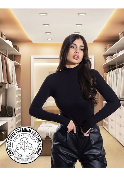 Alya Underwear Kaşkorse Tam Boğazlı Body Sweatshirt, Fitilli Kumaş, Likralı, Gül Kurusu SIYAH