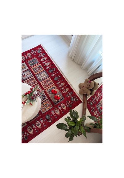 Alize Patchwork Esintili Etnik Desenli Kırmızı Halı - Modern Klasik Oda Ve Salon Halısı Kırmızı