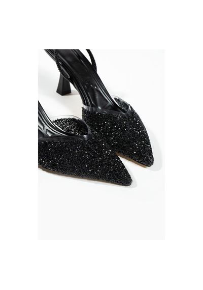 Duxal Shoes London Cam Kırıntıları Detay Arkası Açık Topuklu Ayakkabı Siyah