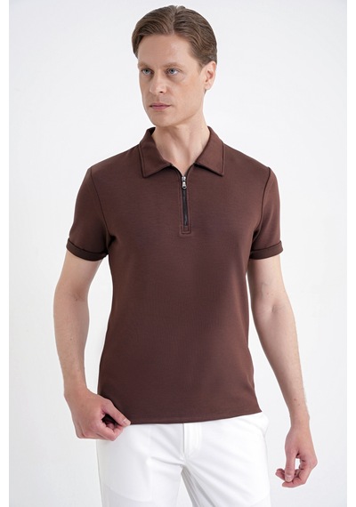 Efor Slim Fit Esnek Pamuklu Fermuarlı Kahverengi Polo Yaka Tişört Ts 926