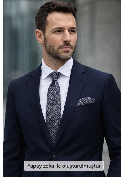 Gaffy Gri Desenli Lacivert Dokuma Kumaş Mendilli Slim Fit Kravat // Sdk-2602-2 Lacivert