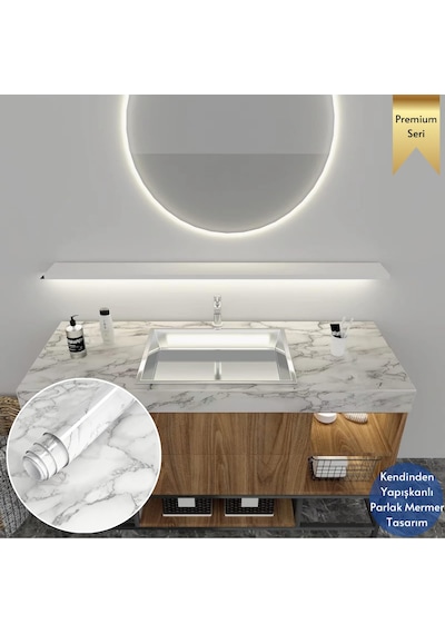 Technosmart 60x500cm Mermer Desen Kendinden Yapışkanlı Duvar Kağıdı Kaplama Mutfak Tezgeh Masa Folyo Beyaz