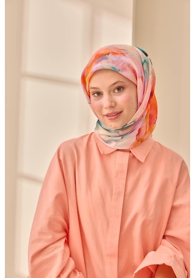 Silk Home Olinda İpek Eşarp 47004-12 Gümüş, Turkuaz, Petrol Mavi, Turuncu, Lila