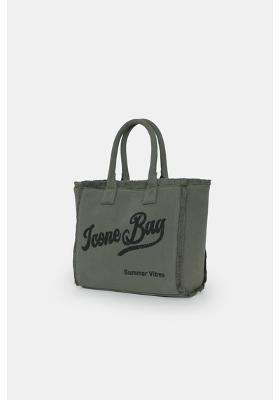 İcone Bag Icone Yıkamalı Denim Püskül Detaylı Şık Günlük & Plaj Çantası, Püsküllü Omuz Çantası Haki