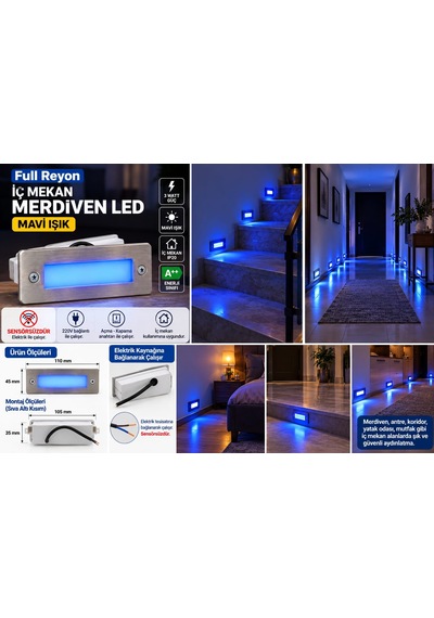 3 Watt, Sensörsüz Mavi Işık Ledli İç Çok Kaliteli Mekan Merdiven, Antre, Hol Aydınlatma Armatürü Krom