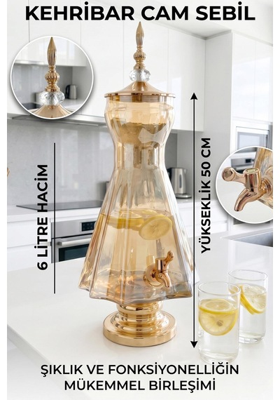 Cam Sebil - Yağlık, Şerbetlik, Sürahi - 6 Litre, 50 Cm-3