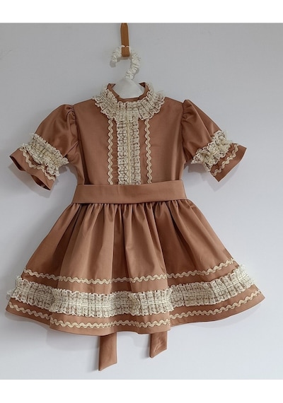 Kız Bebek Kahverengi Vintage Fistolu Elbise Karamel