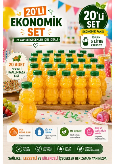 20'li Set Şeffaf Kaplumbağa Şişe Yeşil Kapaklı Pet İçecek Şişesi Çocuk Beslenme Matarası 250 Ml