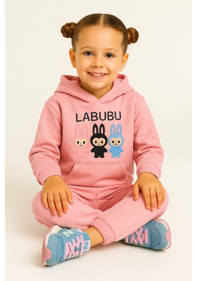 Esila Kids Kız Çocuk Eşofman Takımı Labubu Takım Kapüşonlu Baskılı Sweatshirt Ve Pantolon Pudra