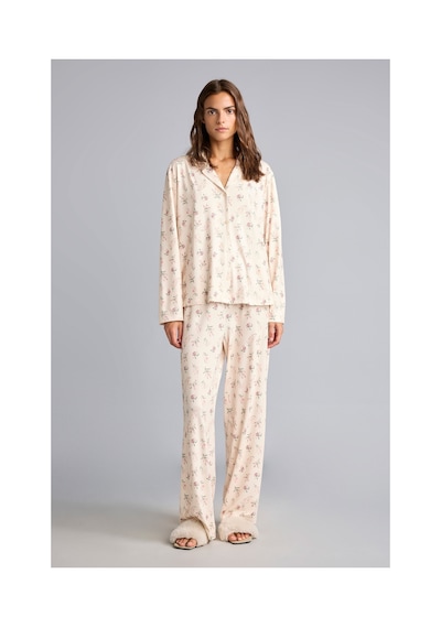 Defacto Regular Fit Çiçekli Uzun Kollu Üst Geniş Kesim Alt 2li Pijama Takım I5522ax26aubg824 Bej-bg824