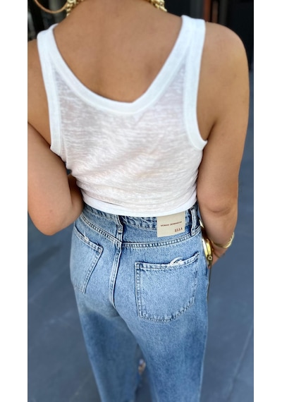 Ekru Orijinal Marka Transparan Halter Yaka Atlet Ekru
