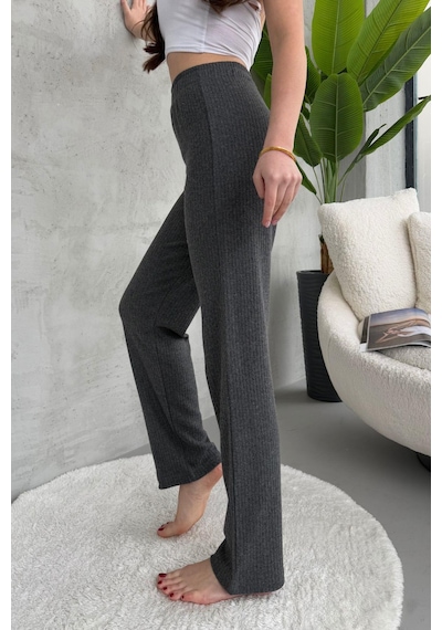Kadın Füme Yüksek Bel Fitilli Bol Paça Günlük İnce Eşofman Altı Pijama Füme