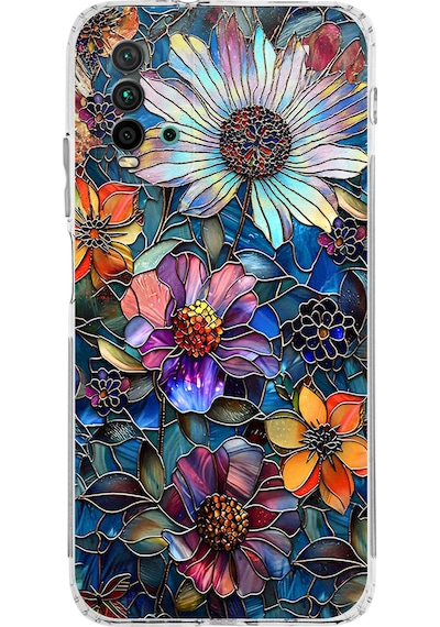 Printify Redmi 9t İle Uyumlu Vitray Mücevher Flora Tasarımlı Şeffaf Silikon Kılıf Şeffaf